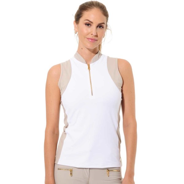 MDC Jersey Shiny Gold Zip sleeveless Polo (white/light taupe)